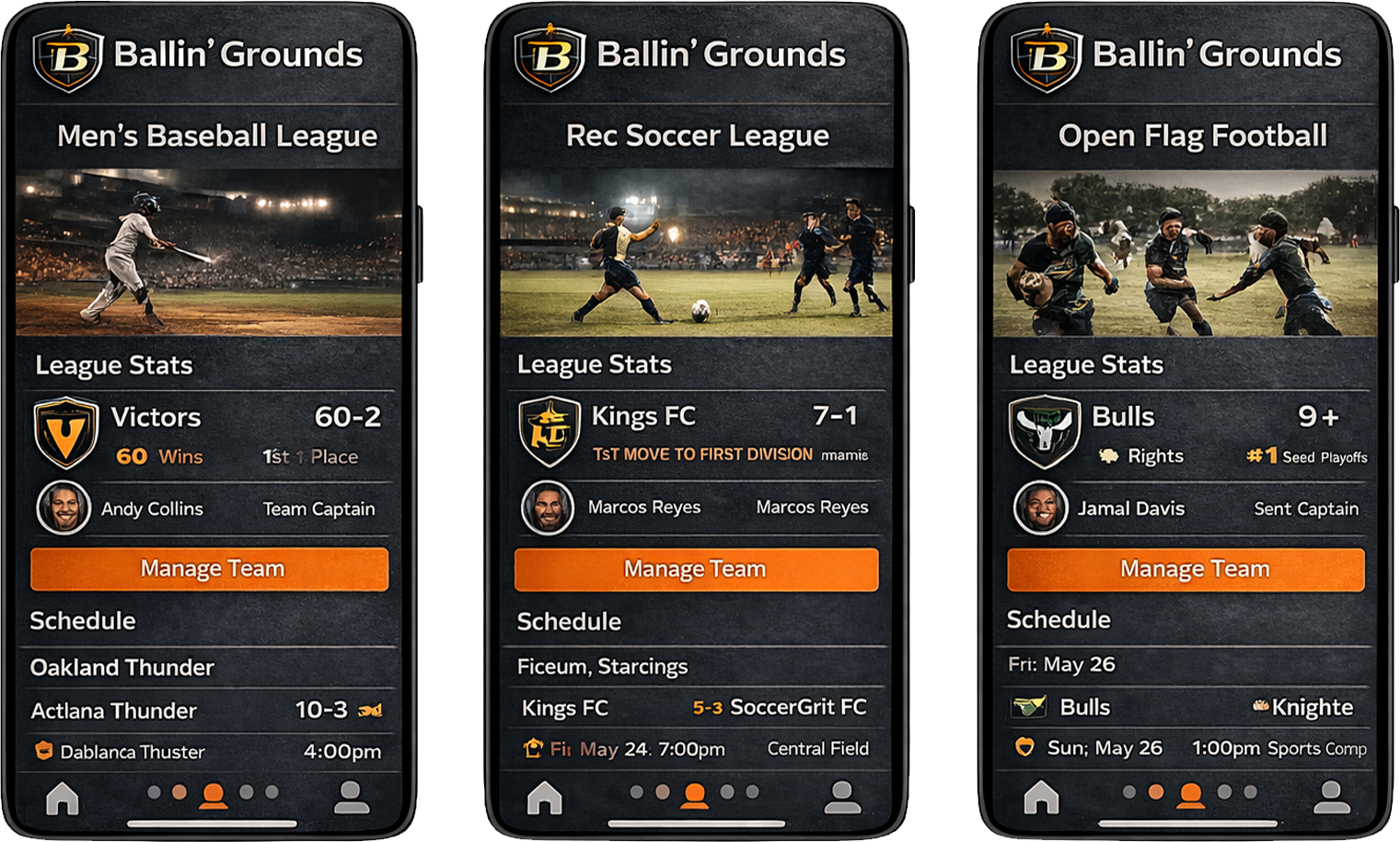 Ballin' Grounds feature, schedule, and league preview screens