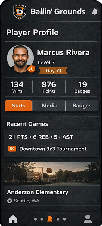 Ballin' Grounds player profile screen